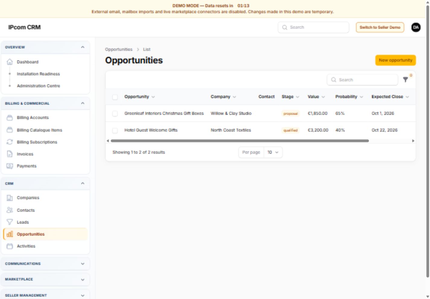 Sales opportunities in the IPcom CRM demonstration.